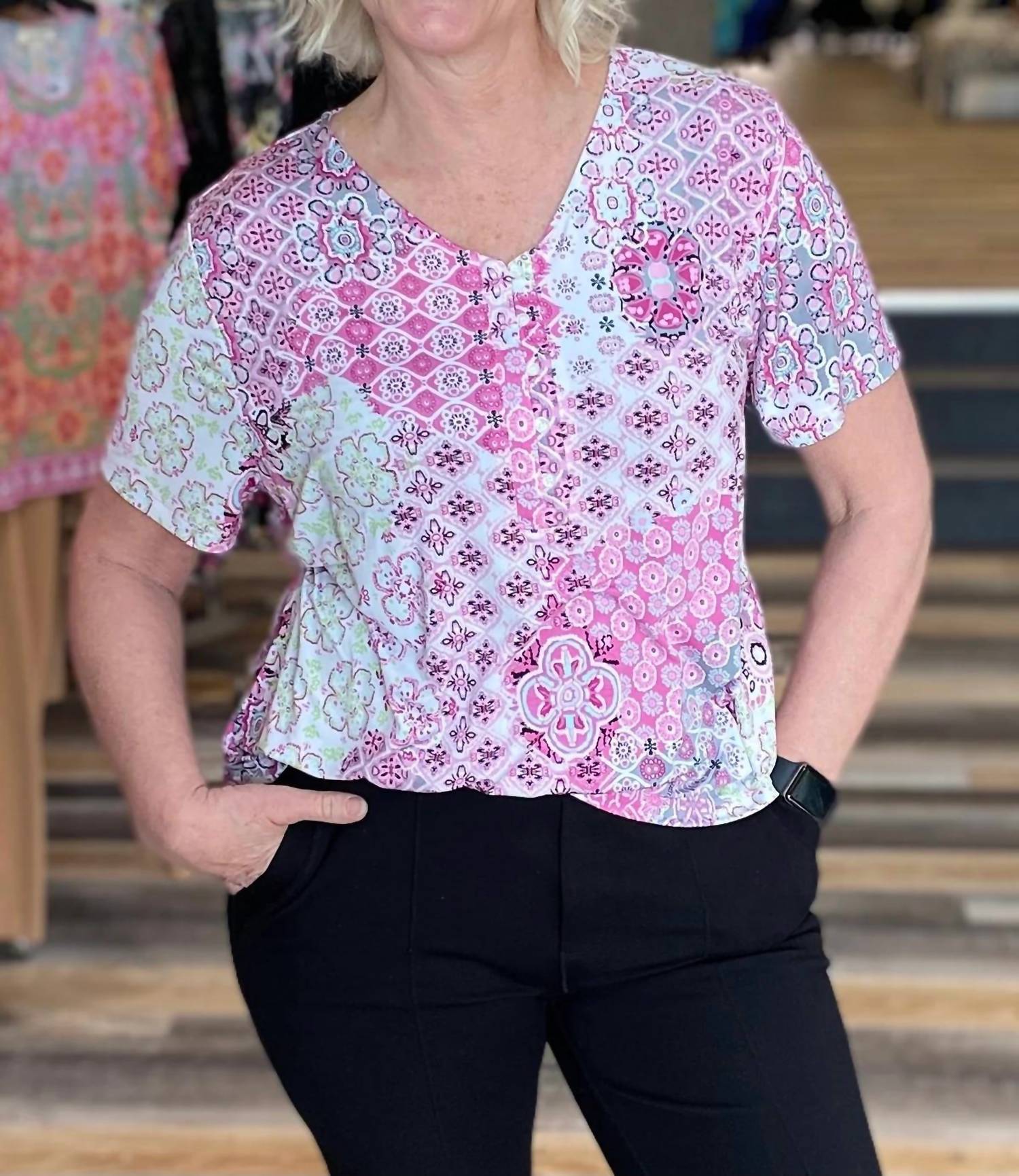 N Touch - Jigsaw Short Sleeve Patch Print Top
