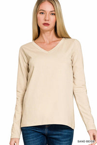 Zenana - Cotton V-neck Long Sleeve Tee