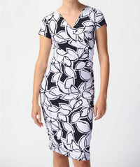 Joseph Ribkoff Leaf Print Faux Wrap Sheath Mini Dress in midnight blue vanilla - women's dress