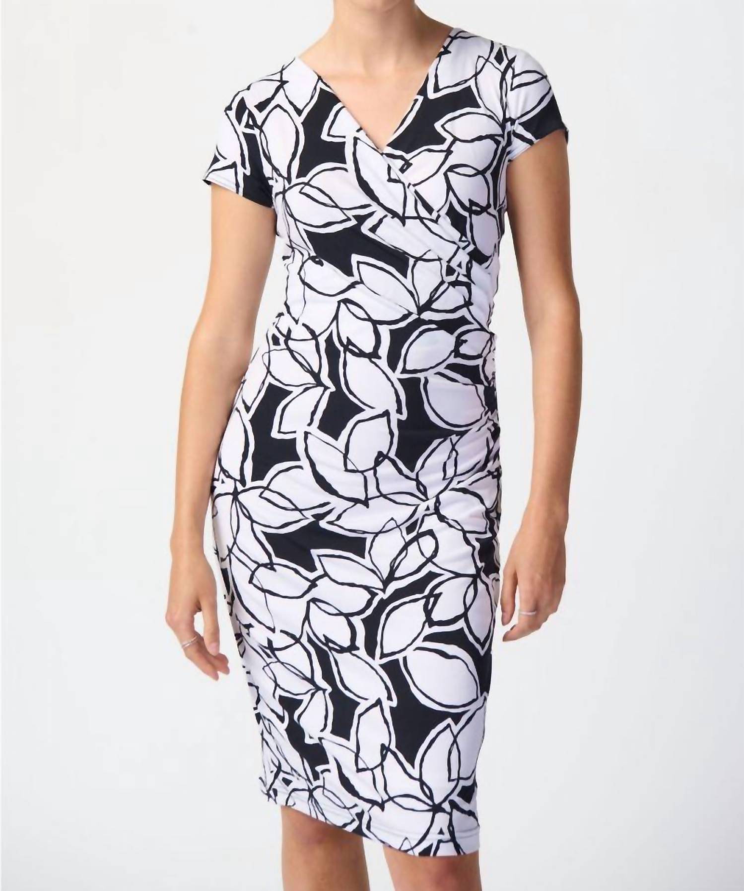 Joseph Ribkoff Leaf Print Faux Wrap Sheath Mini Dress in midnight blue vanilla - women's dress