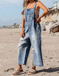 Little Daisy Closet - Women's Stella Distressed Bib Pocket Wide Leg Denim Overall