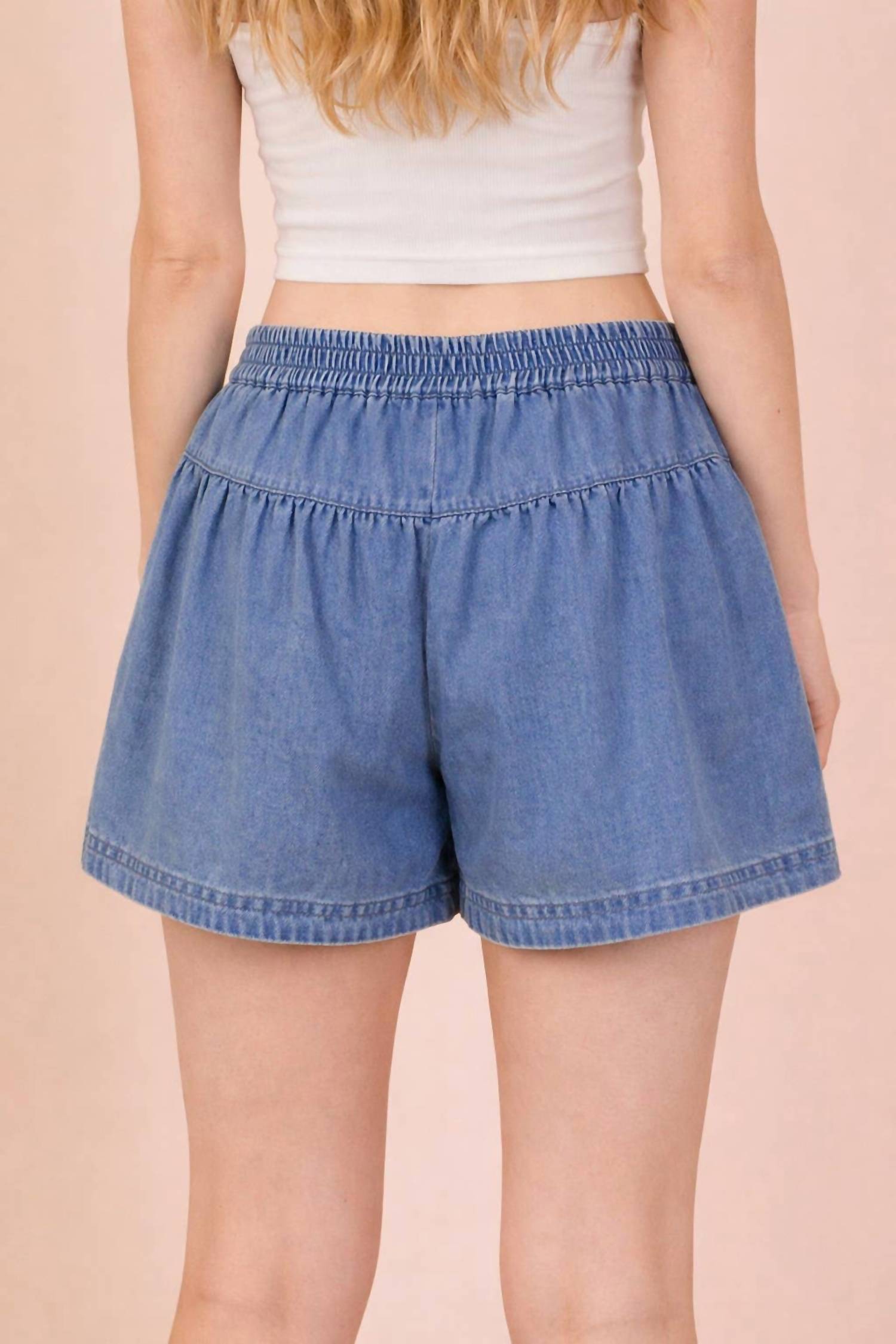 VERY J Button Down Jean Shorts in mineral washed chambray - women's shorts - detail view
