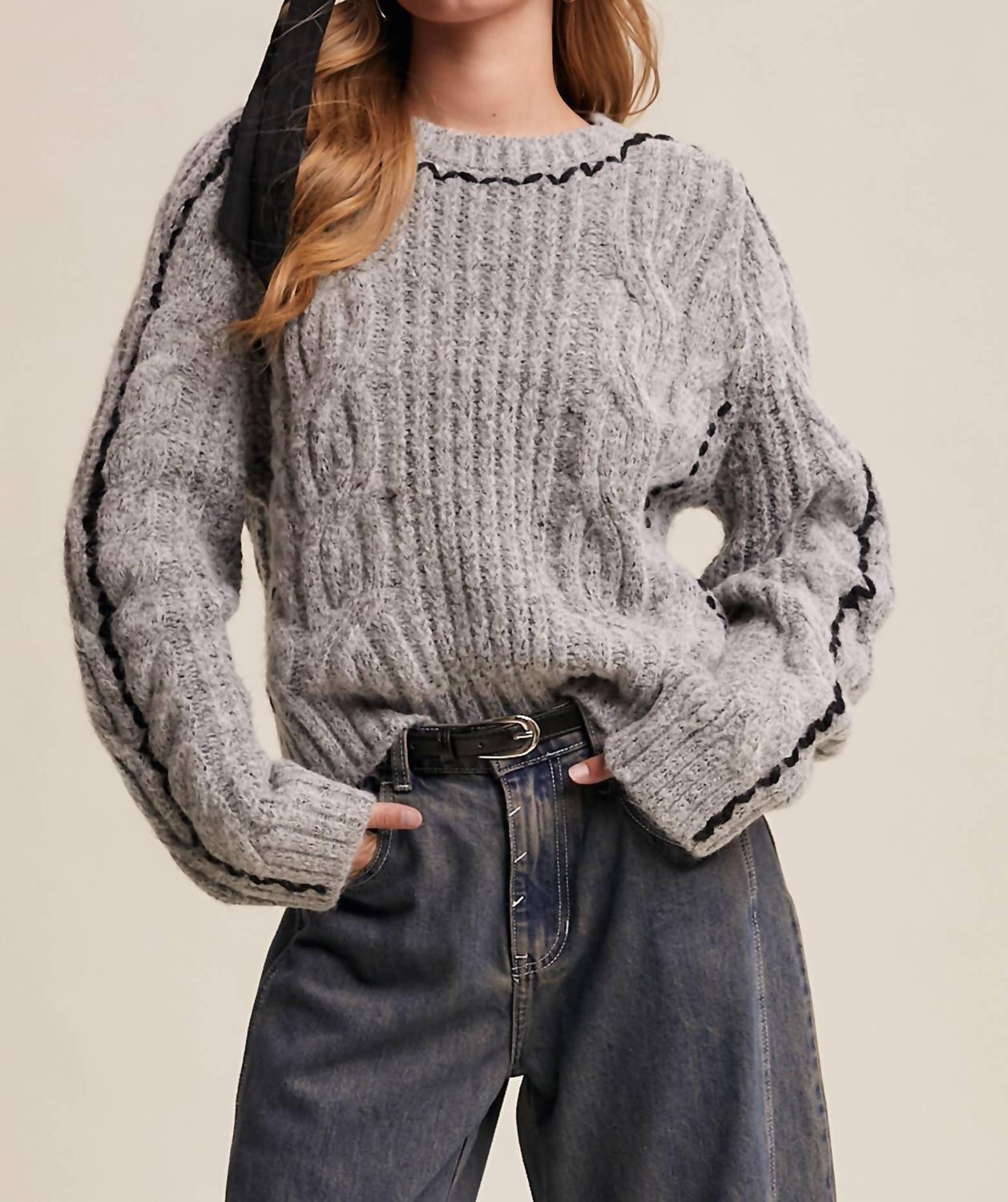 Listicle - Contrast Stitch Cable Knit Sweater