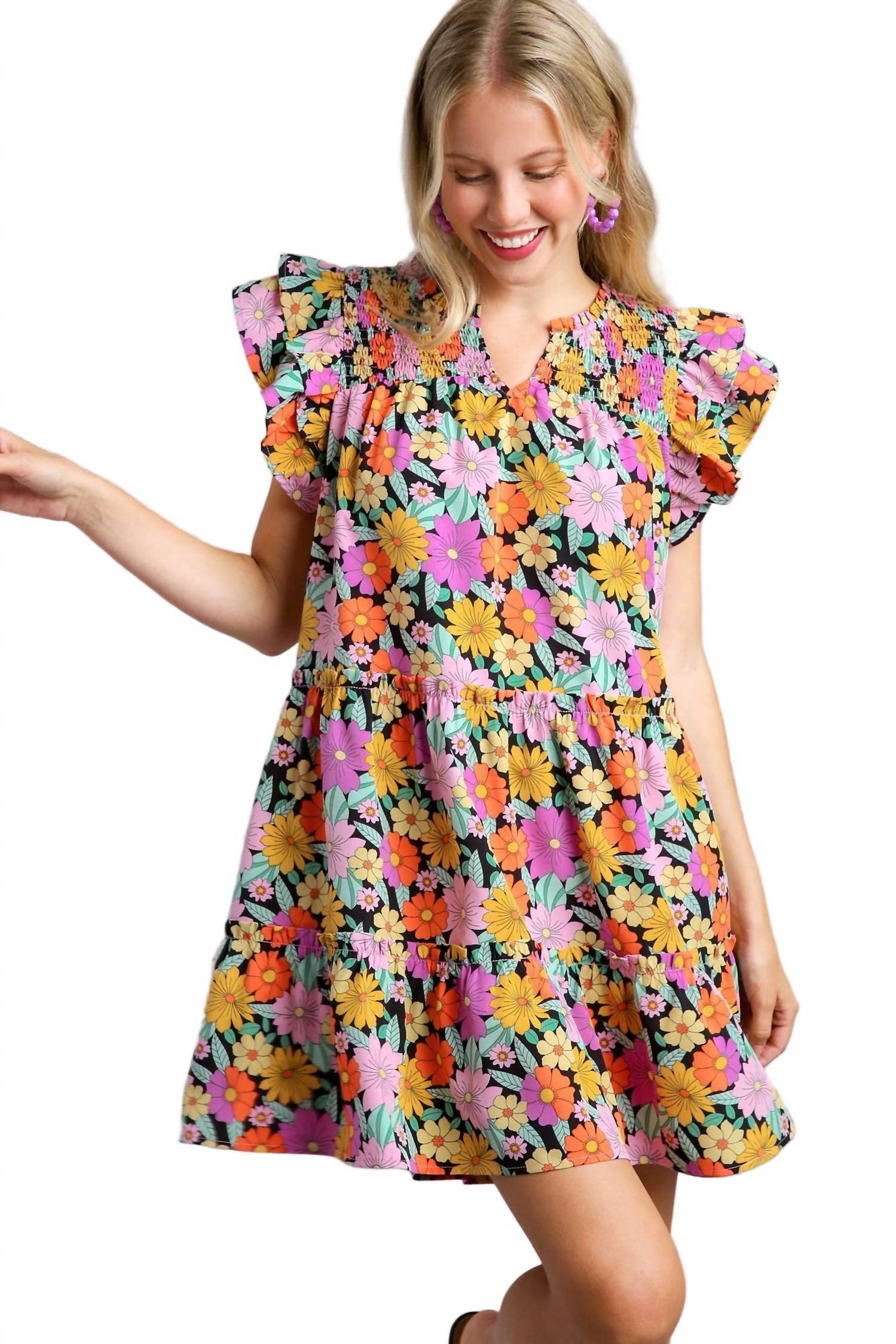 Umgee - Floral Double Layered Ruffle Sleeve Dress