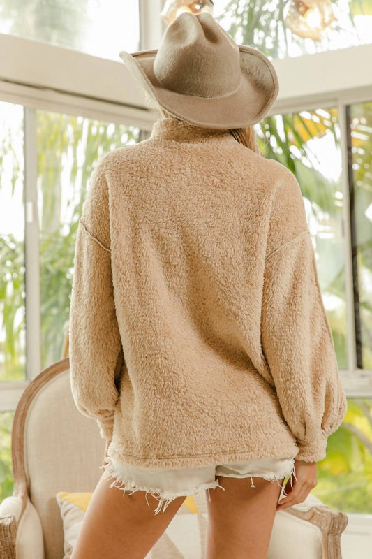 Bibi - Soft Sherpa Out Stitching Front Zip Up Sweater