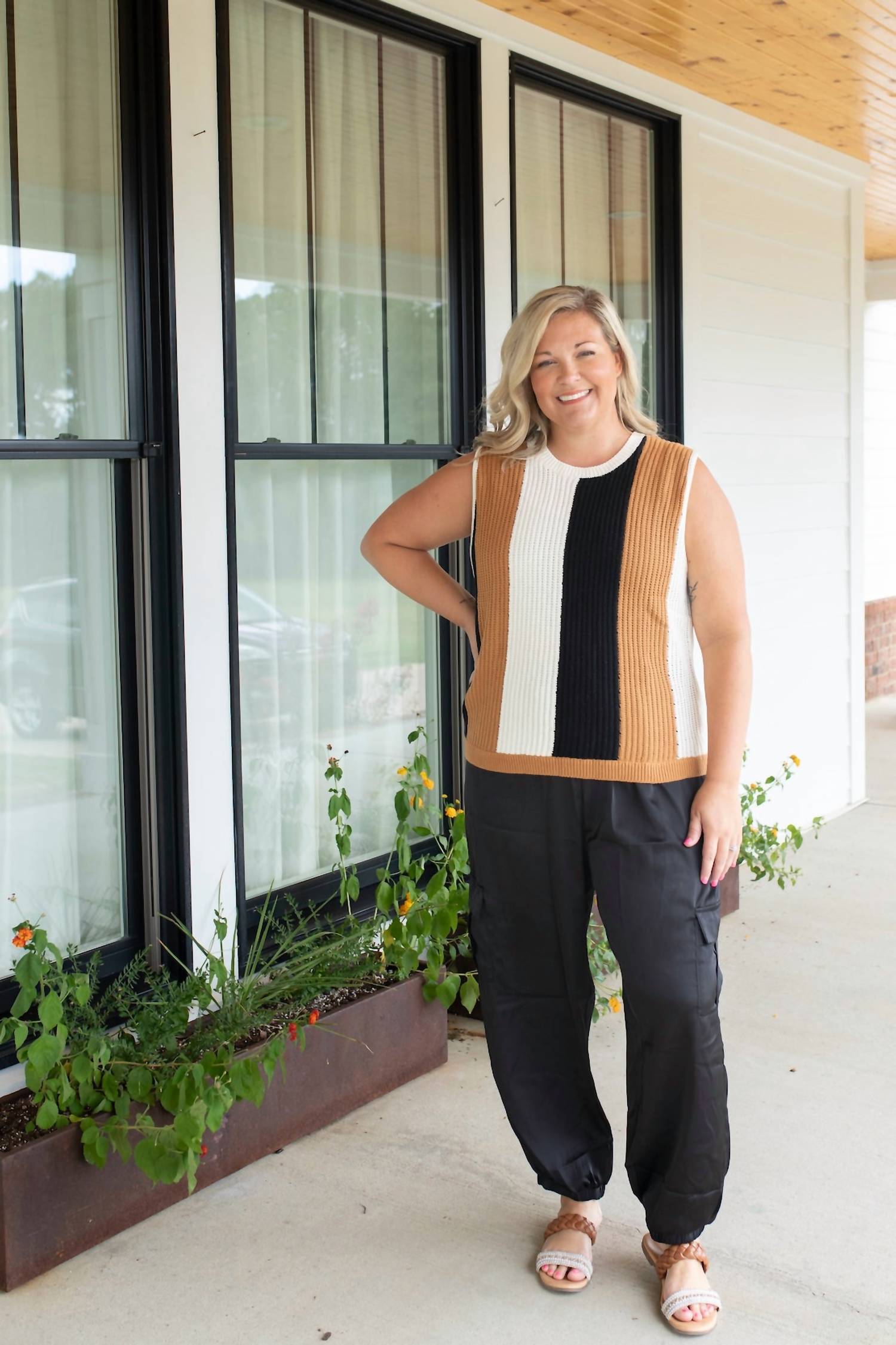 GILLI Calico Sleeveless Sweater Vest - Plus in brown black white - women's jacket - alternate view