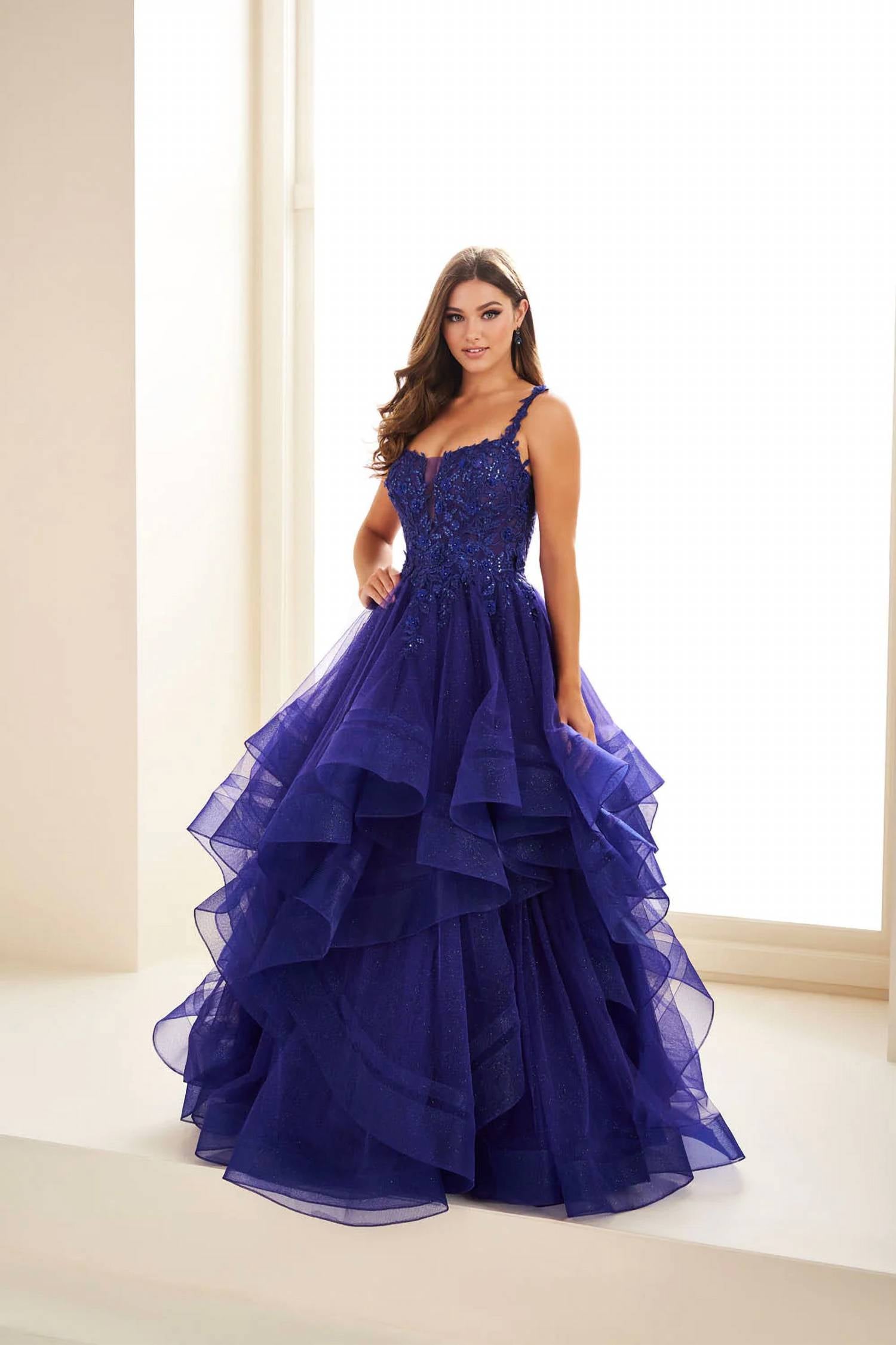 Ellie Wilde - Sheer Lace Shimmer Ruffle Prom Dress