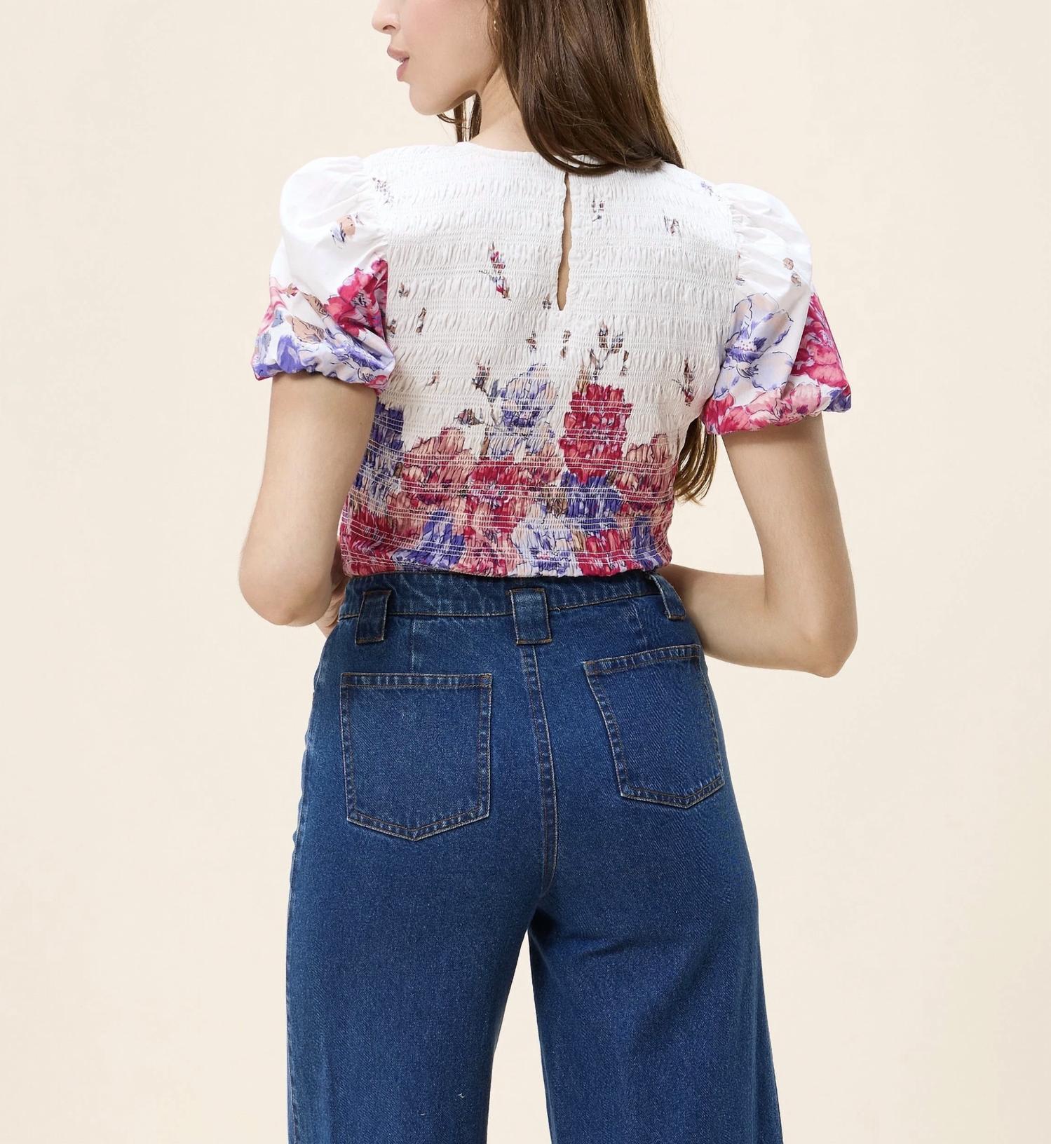 Cleobella Rya Short Sleeve Top in camellia print - women's blouse - detail view