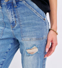 Judy Blue - High Rise Patch Pocket Distressed Cuffed Boyfriend Jeans