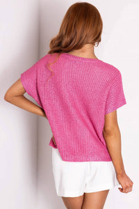 She + Sky - Short Sleeve V-neck Metallic Coated Sweater Top With Front Pocket