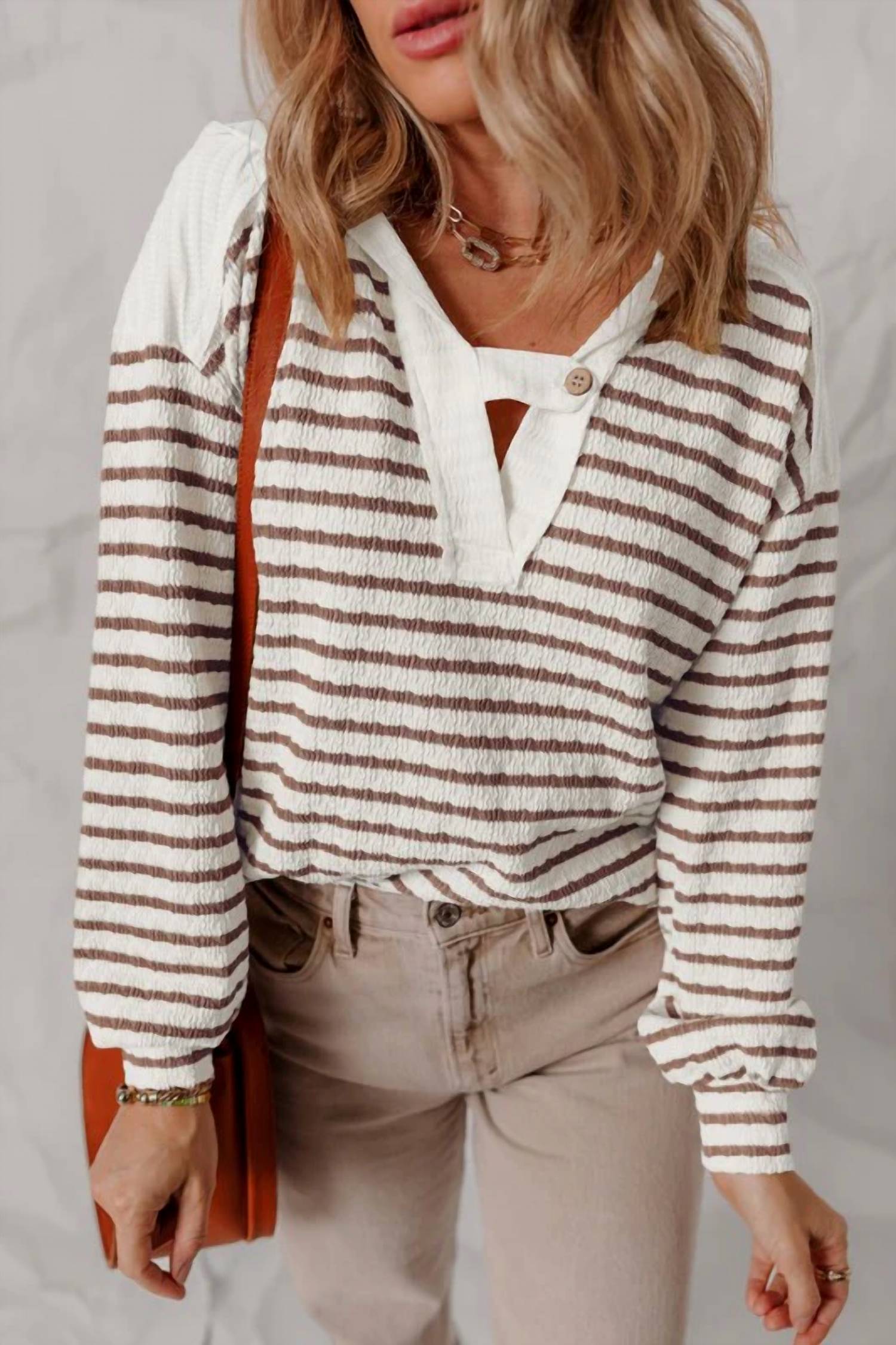 Aiwee Fashion - Textured Stripe V Neck Button Front Knit Top