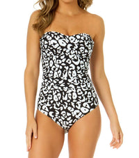 Anne Cole Wild Cat Twist Front Shirred One Piece Swimsuit in black white - women's swimwear