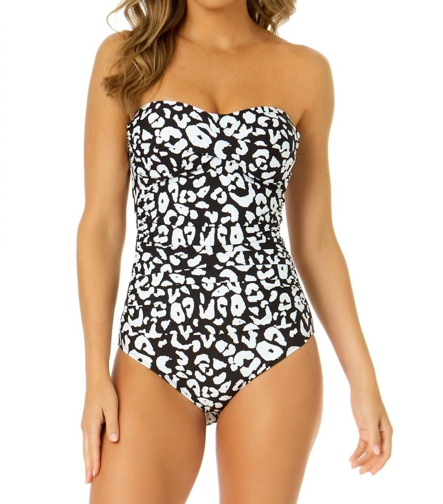 Anne Cole Wild Cat Twist Front Shirred One Piece Swimsuit in black white - women's swimwear