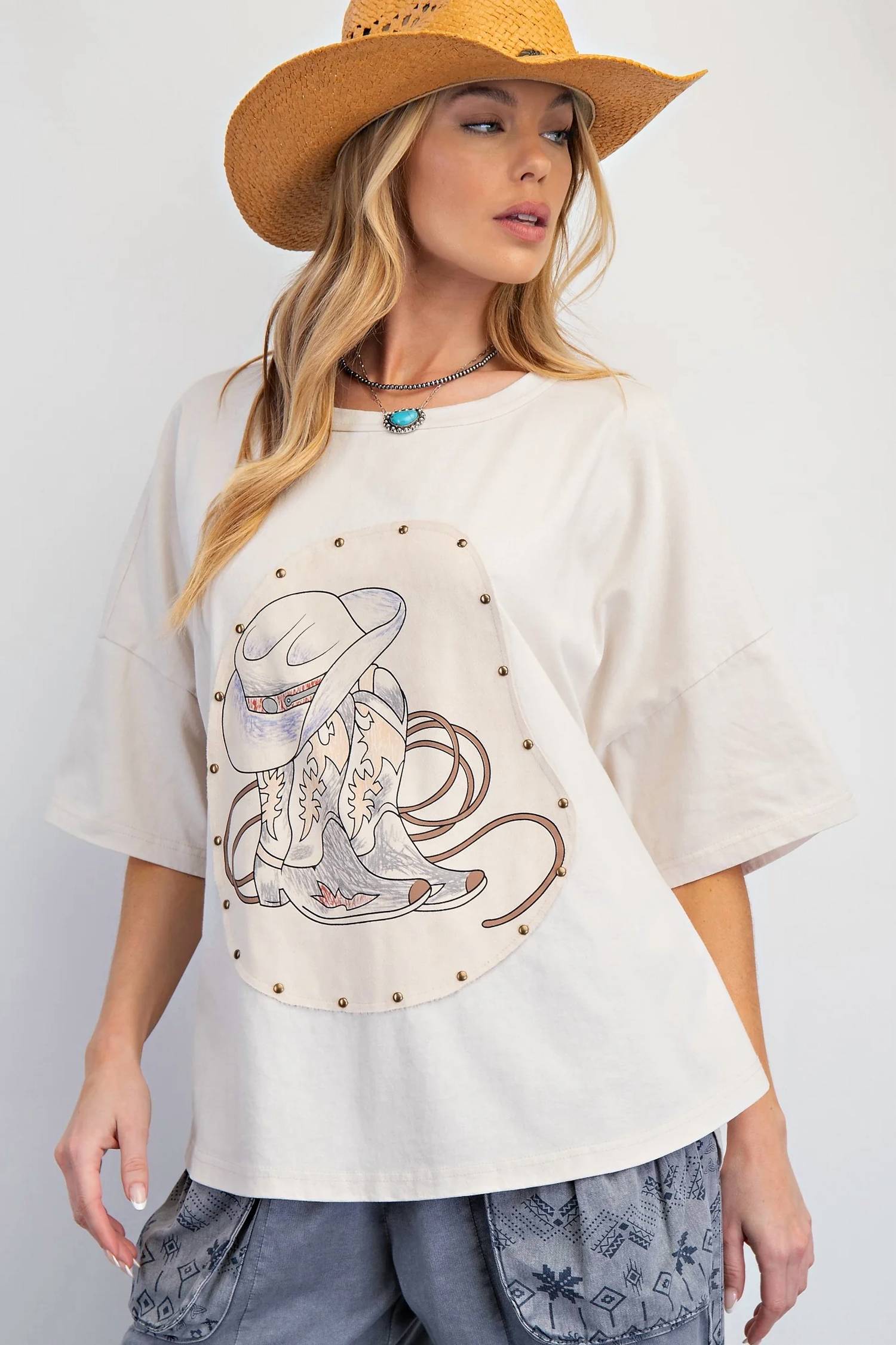 Easel - Western Graphic Mineral Washed Knit Top