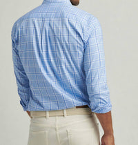 PETER MILLAR Ullswater Crown Lite Cotton Stretch Shirt in cottage blue - men's long sleeve top - detail view
