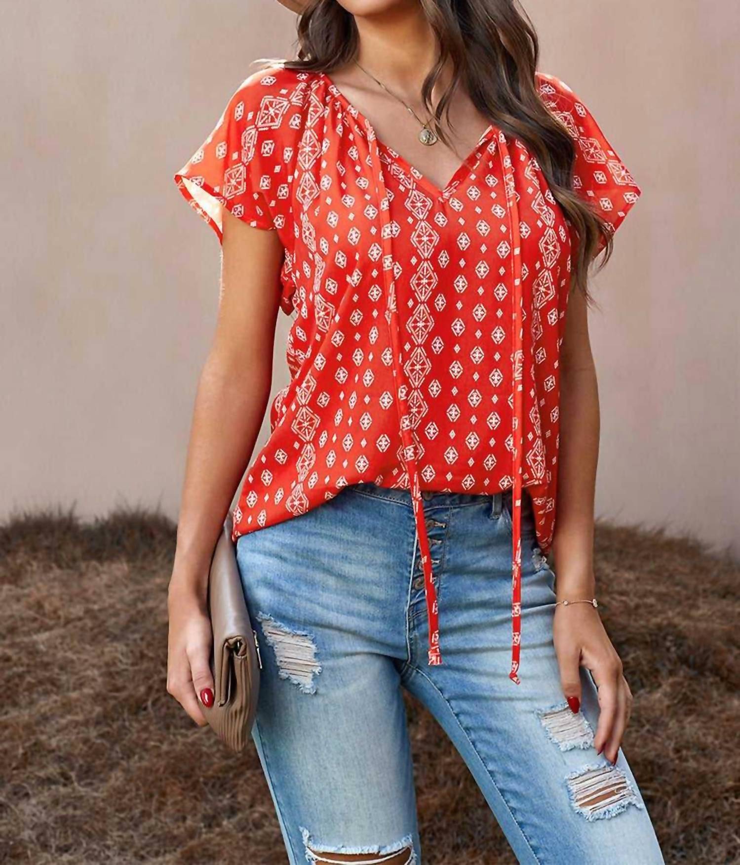 Esley Collection - Floral Print Short Sleeve Blouse