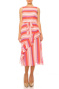 Maison Tara - Striped Belted Sleeveless Midi Dress