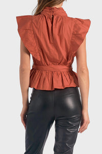 Elan - Wrap Top With Flutter Pleated Sleeve