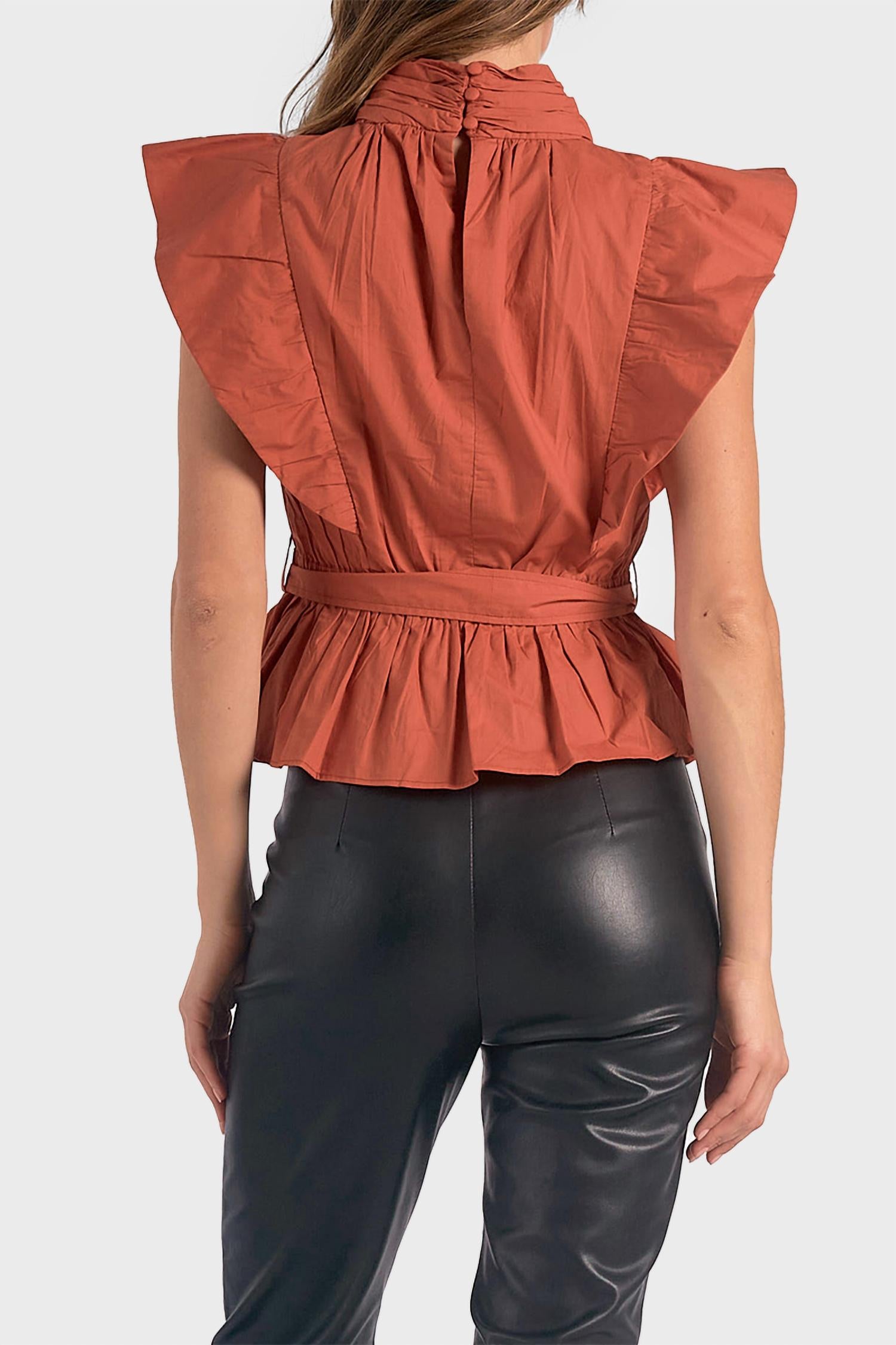 Elan - Wrap Top With Flutter Pleated Sleeve