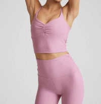 BEYOND YOGA Spacedye Raise The Barre Shirred Cropped Tank in pink haze - women's tank top
