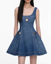 Self-Portrait - Denim Flared Mini Dress
