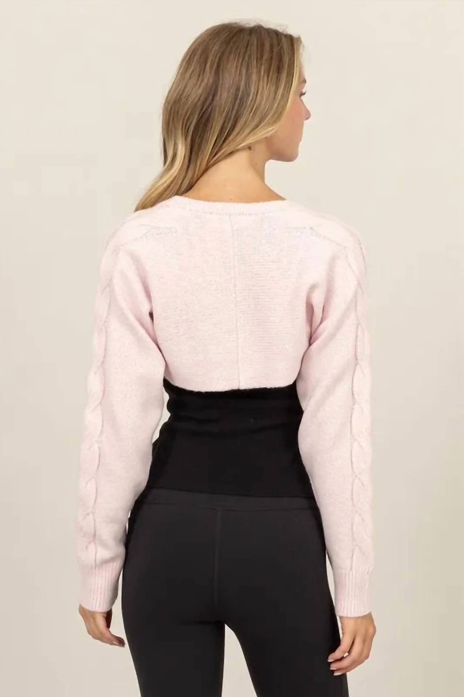 HYFVE Cable Knit Tie Front Shrug in pale pink - women's sweater - alternate view