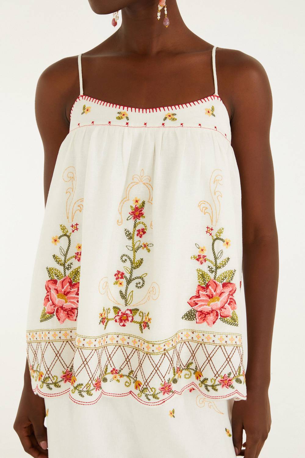 Farm Rio - Flower Embroidery Open Back Sleeveless Blouse