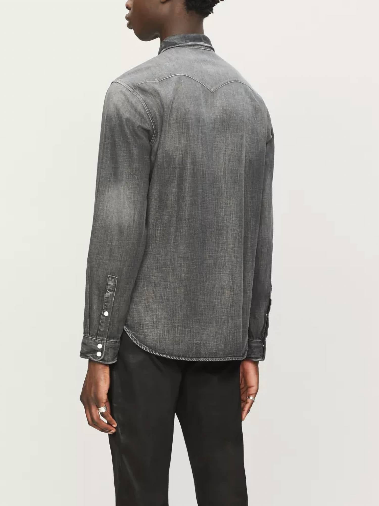 THE KOOPLES Denim Button Up in washed grey - women's long sleeve top - detail view