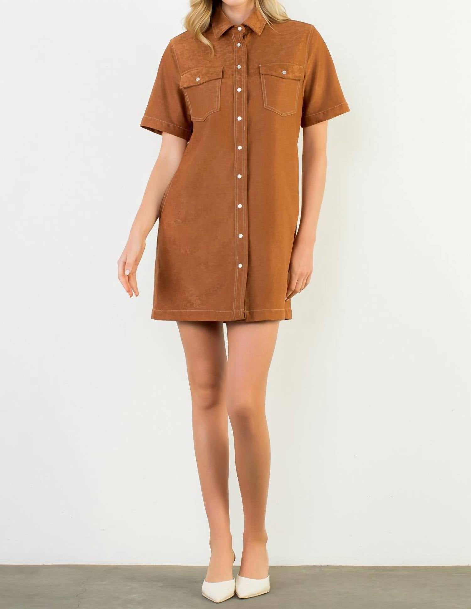 THML Short Sleeve Suede Dress in brown - women's dress - detail view