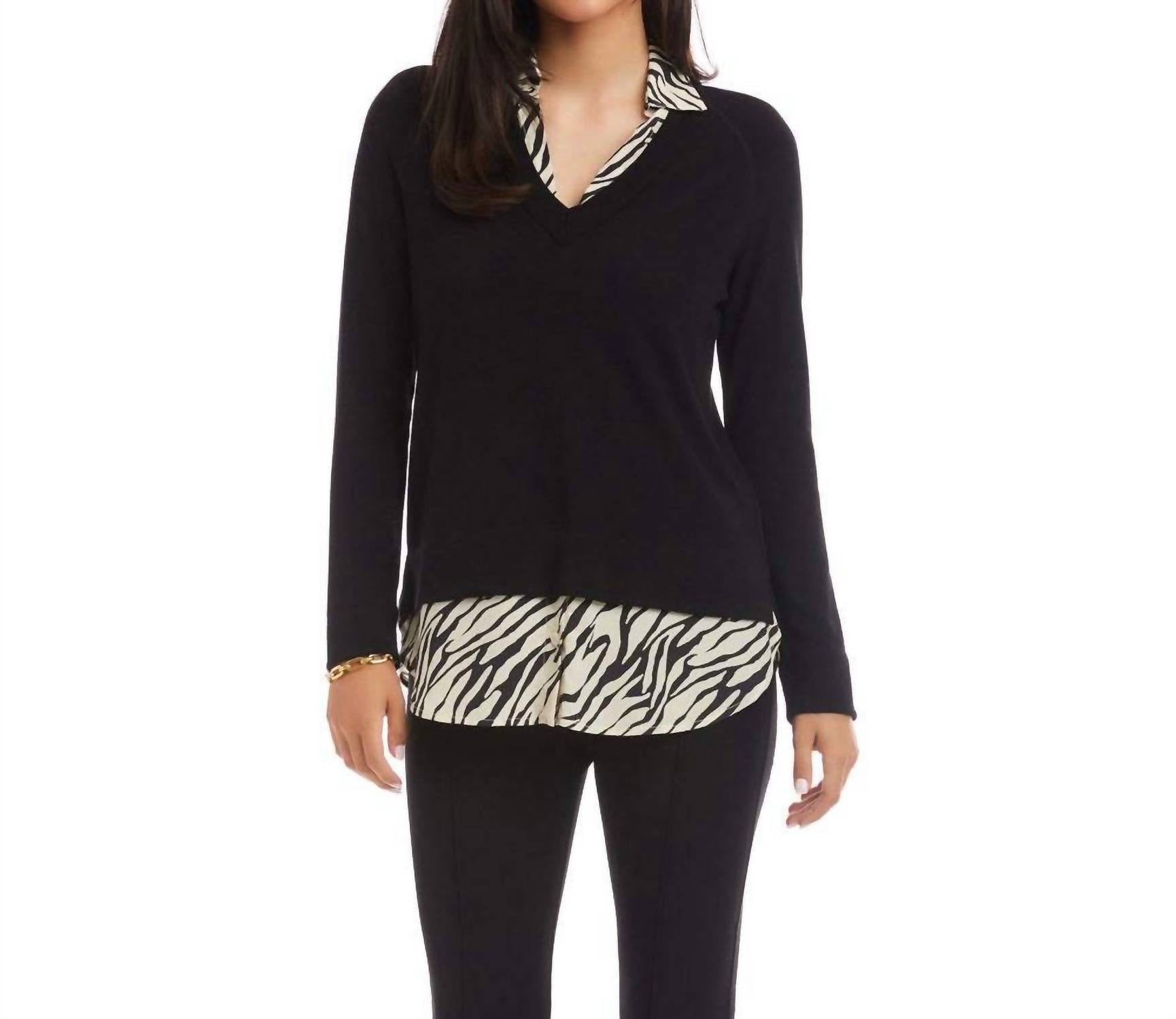 Karen Kane Layered Contrast Zebra Sweater in black - women's sweater