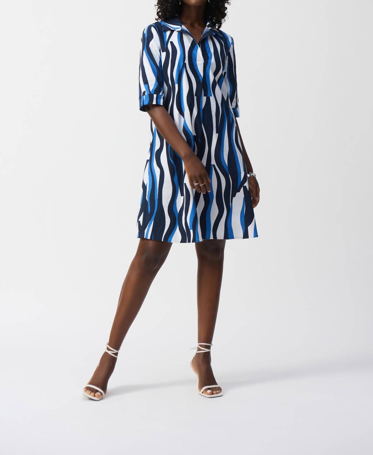 Joseph Ribkoff 3/4 Sleeve Trapeze Shirt Dress in blue white - women's dress