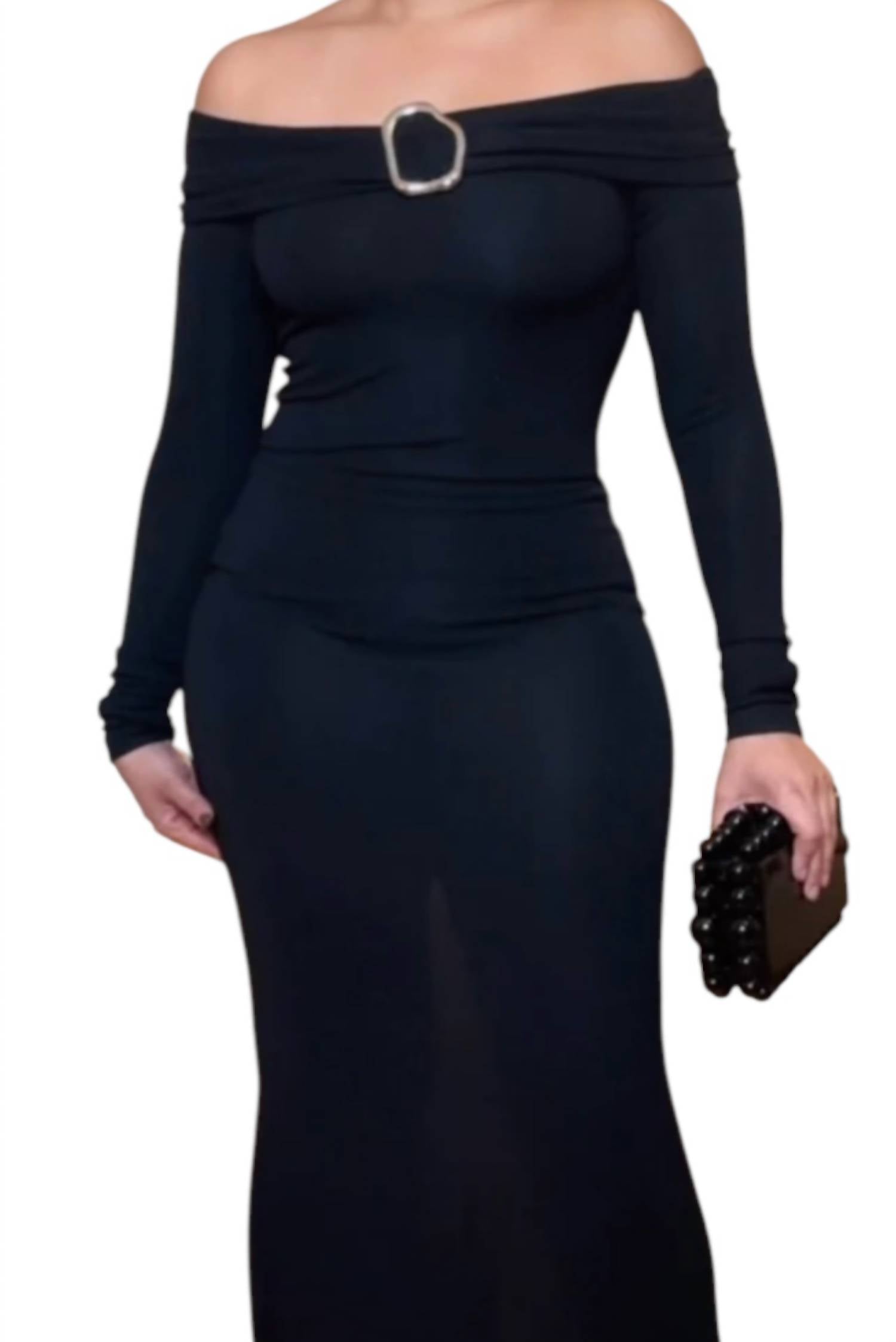 Kikiriki Off Shoulder Long Dress in black - women's dress - detail view
