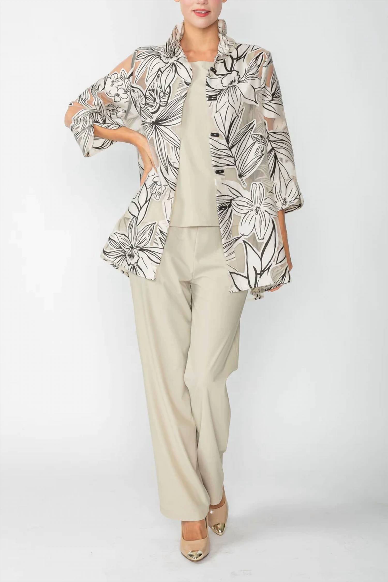 IC Collection Wire Collar Blouse With Black Detail in cream - women's blouse - detail view