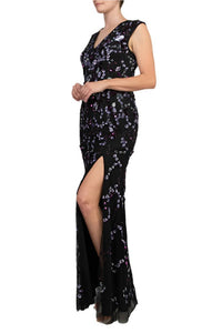 Adrianna Papell - Beaded V Neck Cap Sleeve Front Slit Gown