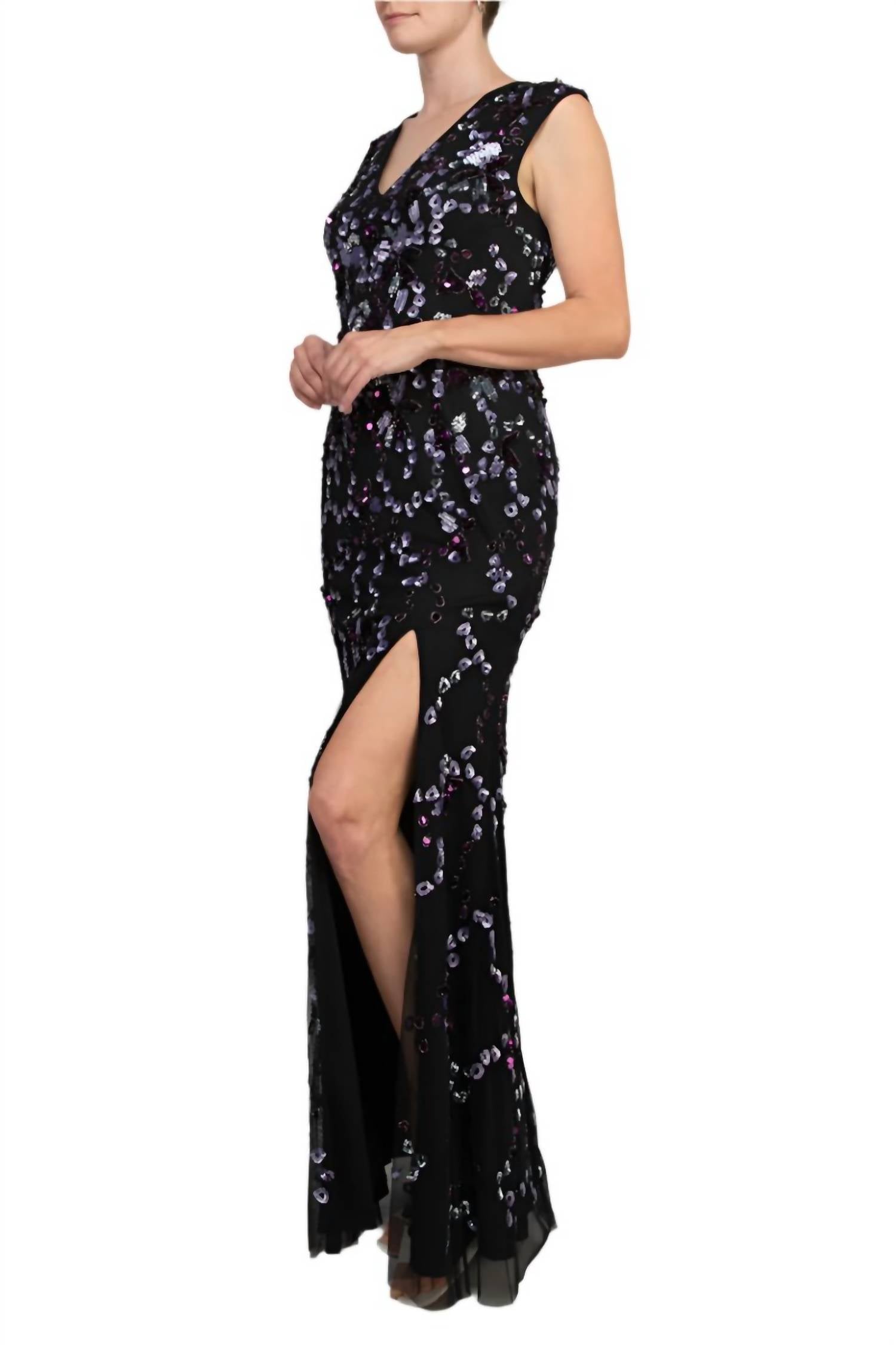 Adrianna Papell - Beaded V Neck Cap Sleeve Front Slit Gown