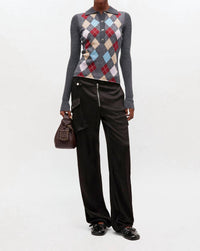 GANNI Fine Merino Jacquard Polo in dark grey - women's long sleeve top