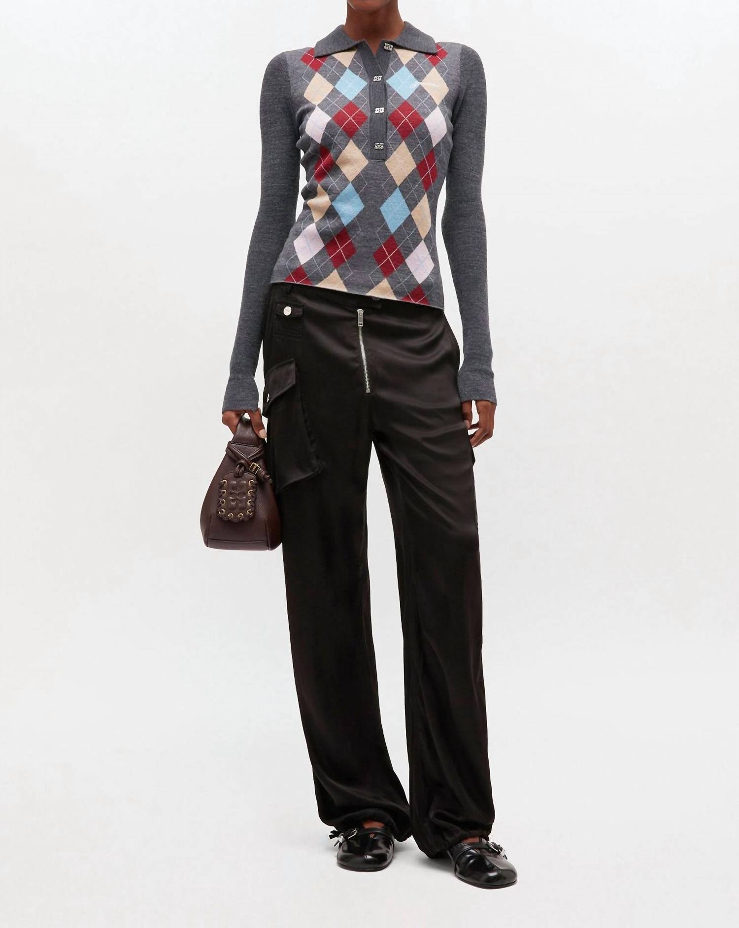 GANNI Fine Merino Jacquard Polo in dark grey - women's long sleeve top