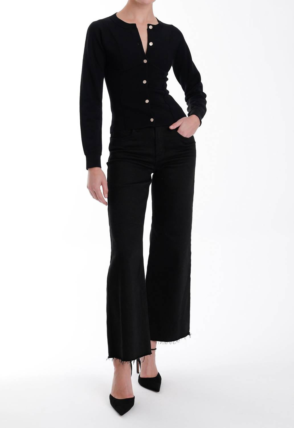 Karina Grimaldi Cristina Knit Cardigan in black - women's cardigan - detail view