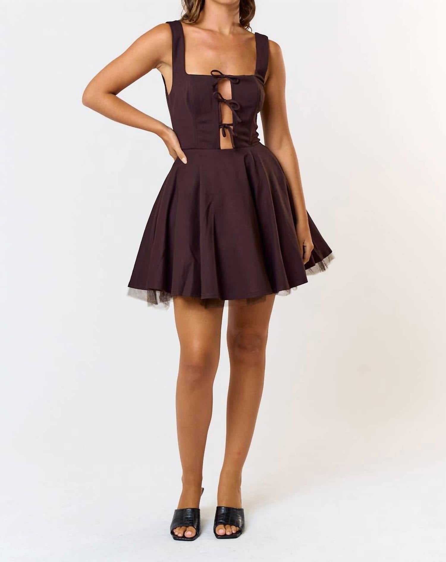 Blue Blush - Tie Front Square Neck Flared Mini Dress