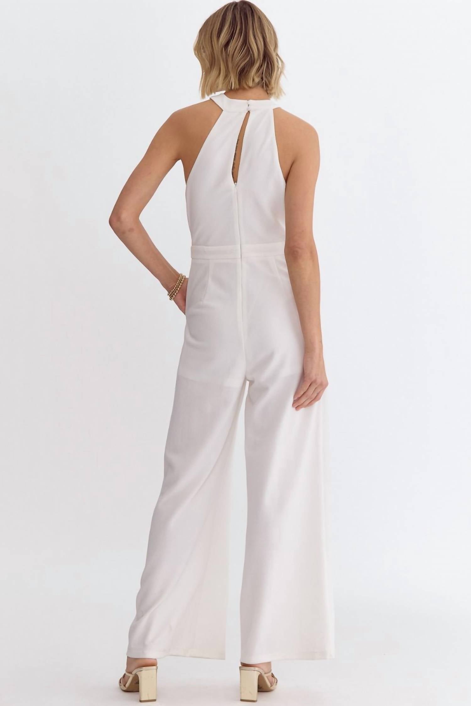 Entrousa Solid Sleeveless Halter Neck Jumpsuit in white - women's pants - detail view