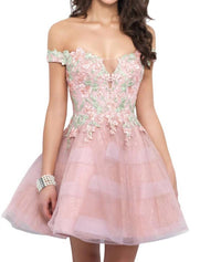 Blush Prom - Off Shoulder Floral Applique Homecoming Dress