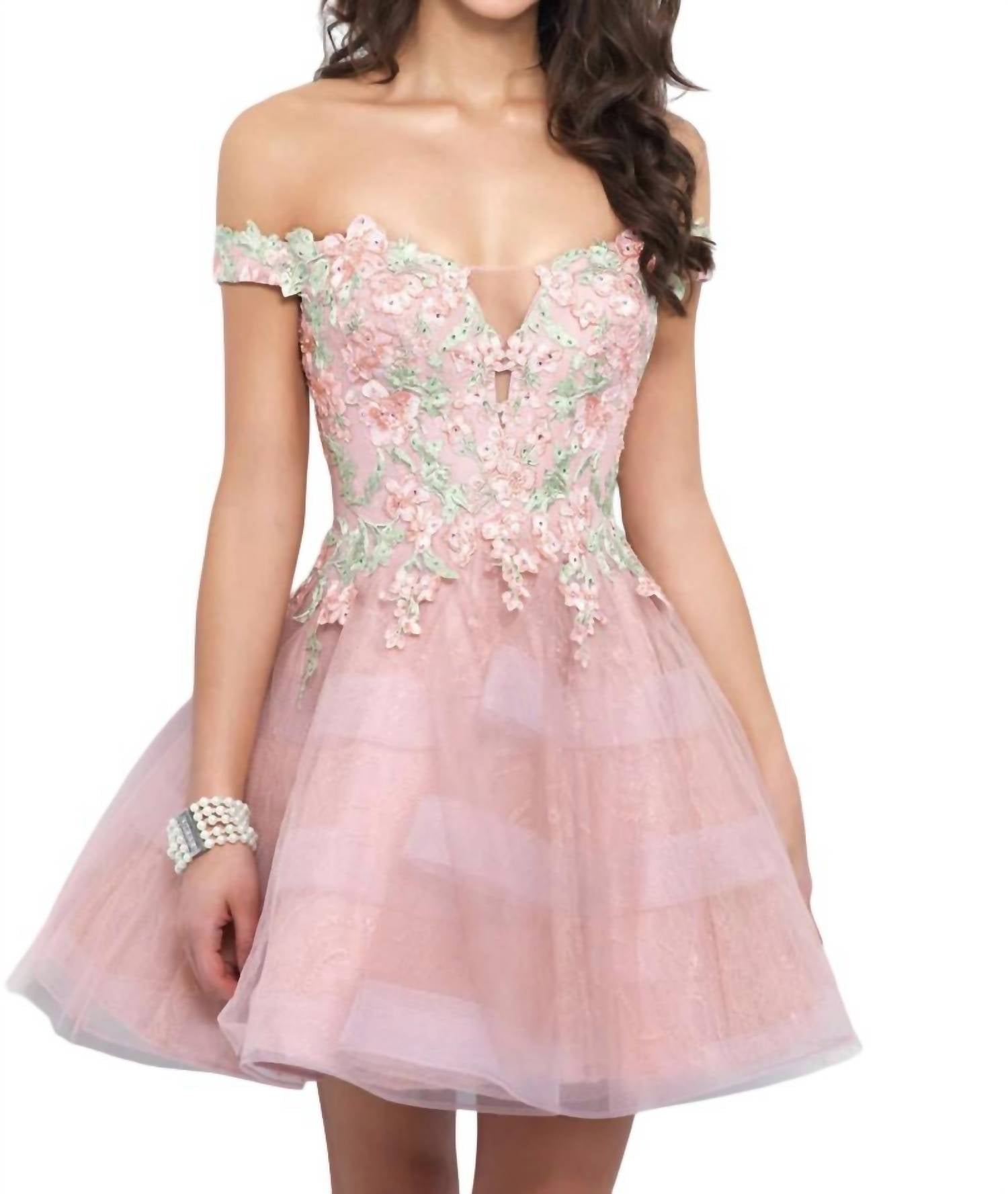 Blush Prom - Off Shoulder Floral Applique Homecoming Dress