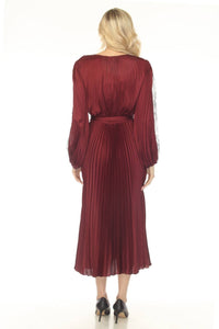 Joseph Ribkoff Pleated Satin Belted Midi Fit And Flare Dress in merlot - women's dress - alternate view