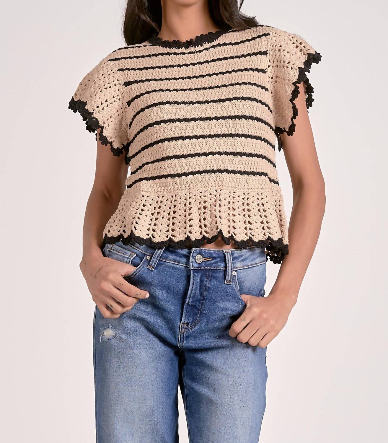 Elan - Nina Stripe Ruffle Sleeve Sweater