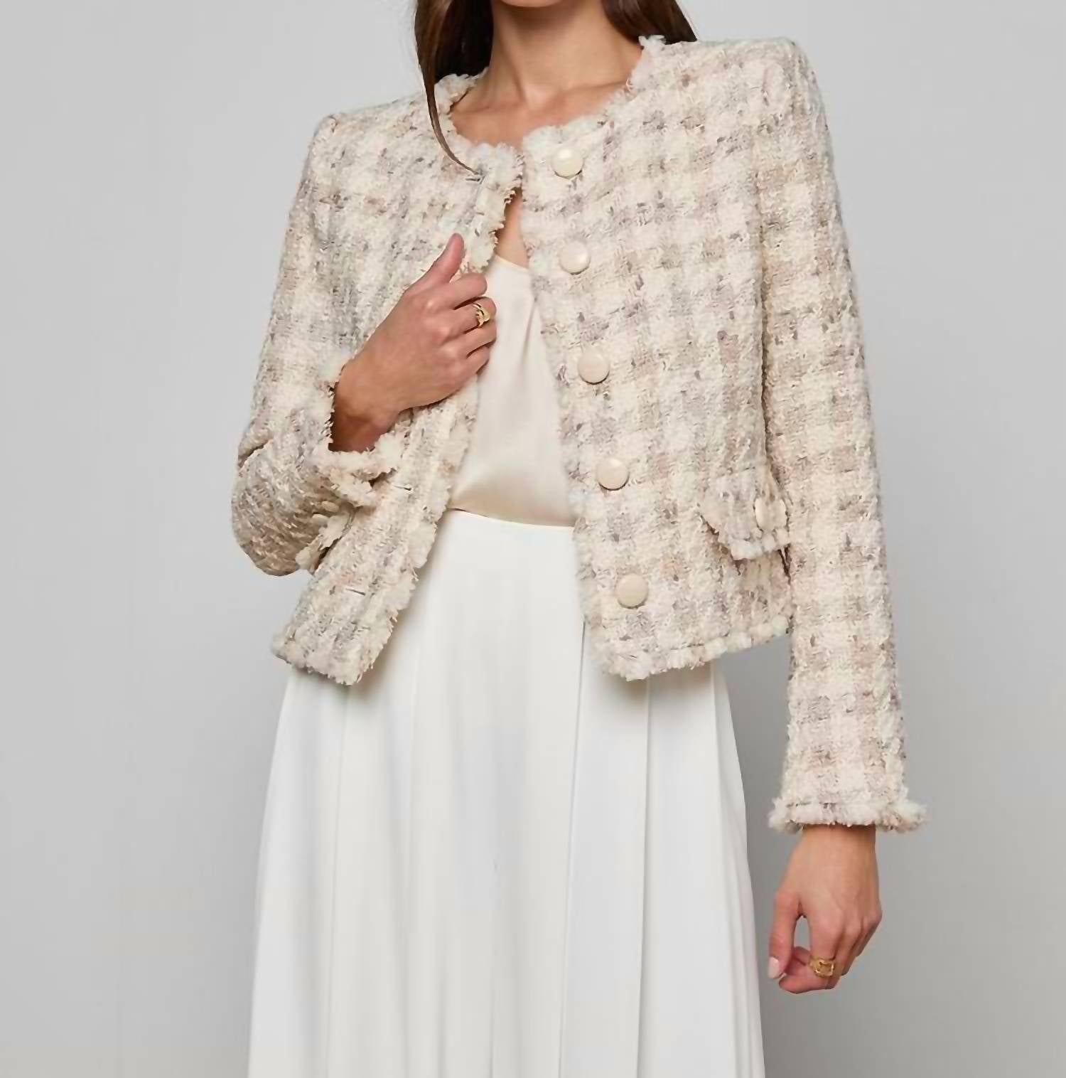 L'Agence Zell Collarless Jacket in taupe - women's jacket