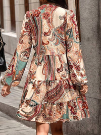 Vividlux - Long Sleeves Loose Buttoned Flower Print V-neck Mini Dress