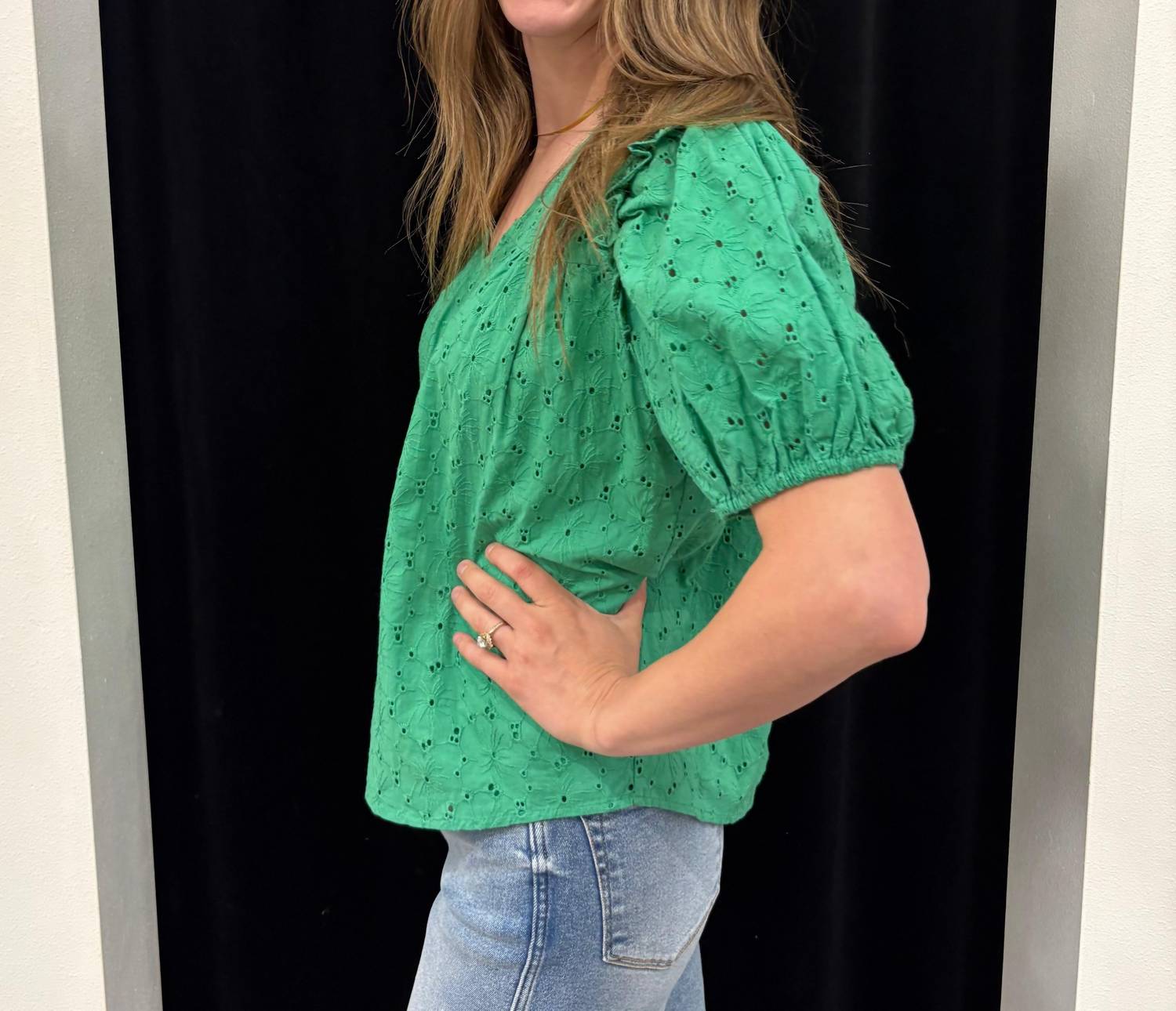 WISHLIST Eyelet Puff Sleeve Top in green - women's blouse - detail view