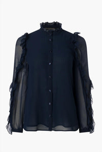 Iris Setlakwe Women's Chiffon Ruffle Blouse in navy - women's blouse