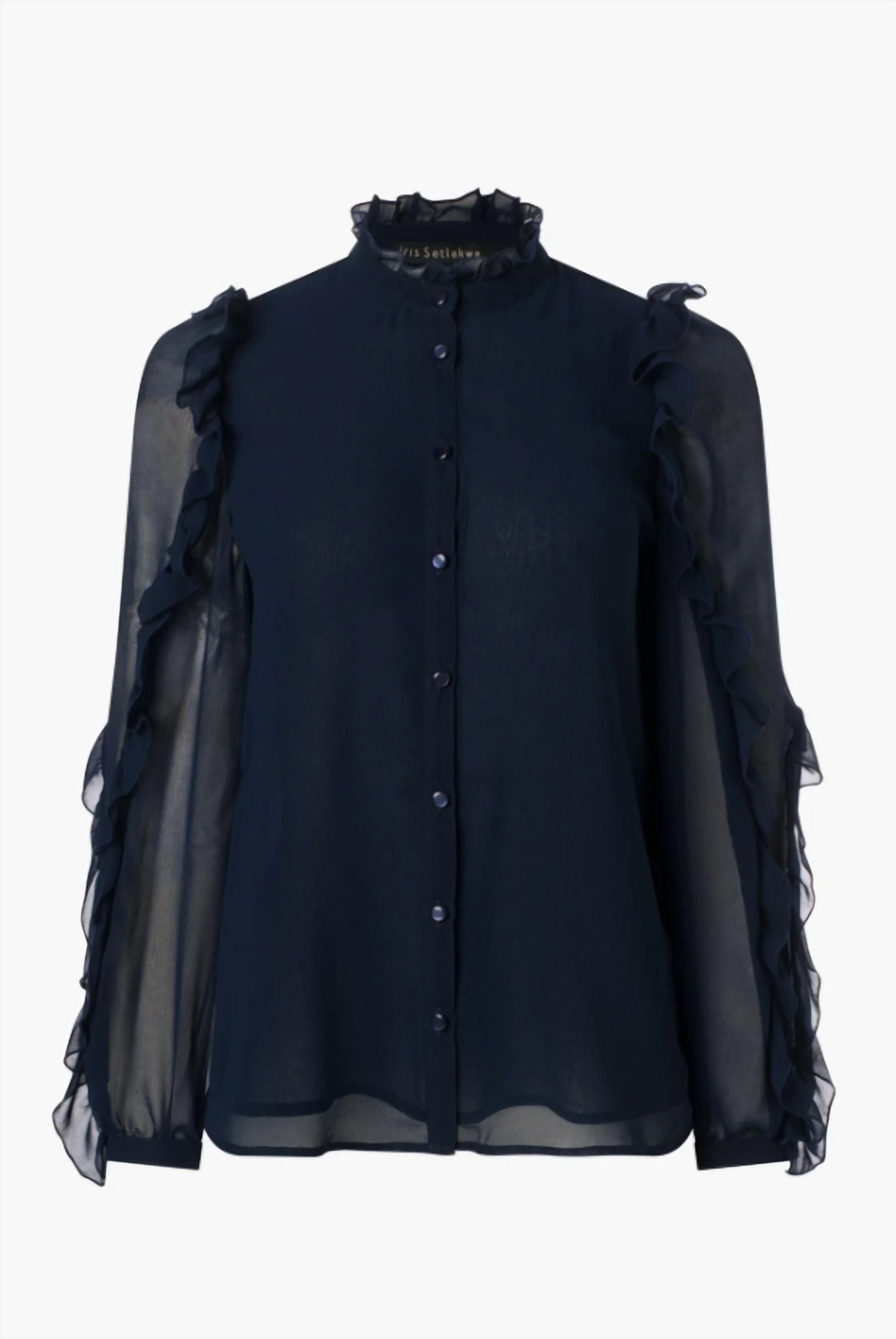 Iris Setlakwe Women's Chiffon Ruffle Blouse in navy - women's blouse