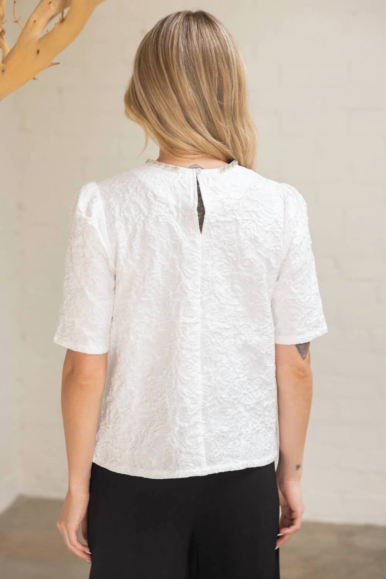 Voy - Rhinestone Bow Shape Floral Jacquard Top
